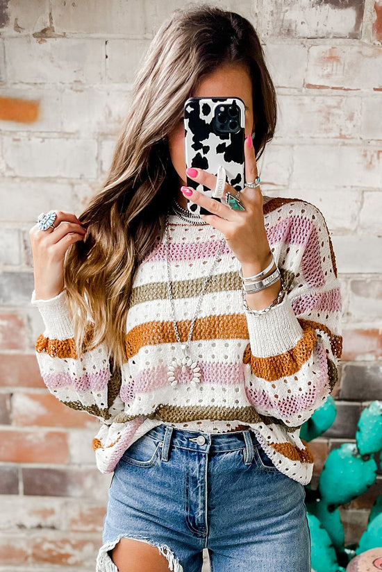 Blot knitted sweater hollowed out with multicolored stripes