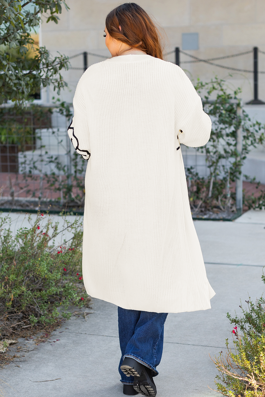 Beige floral embroidered drop shoulder open front cardigan