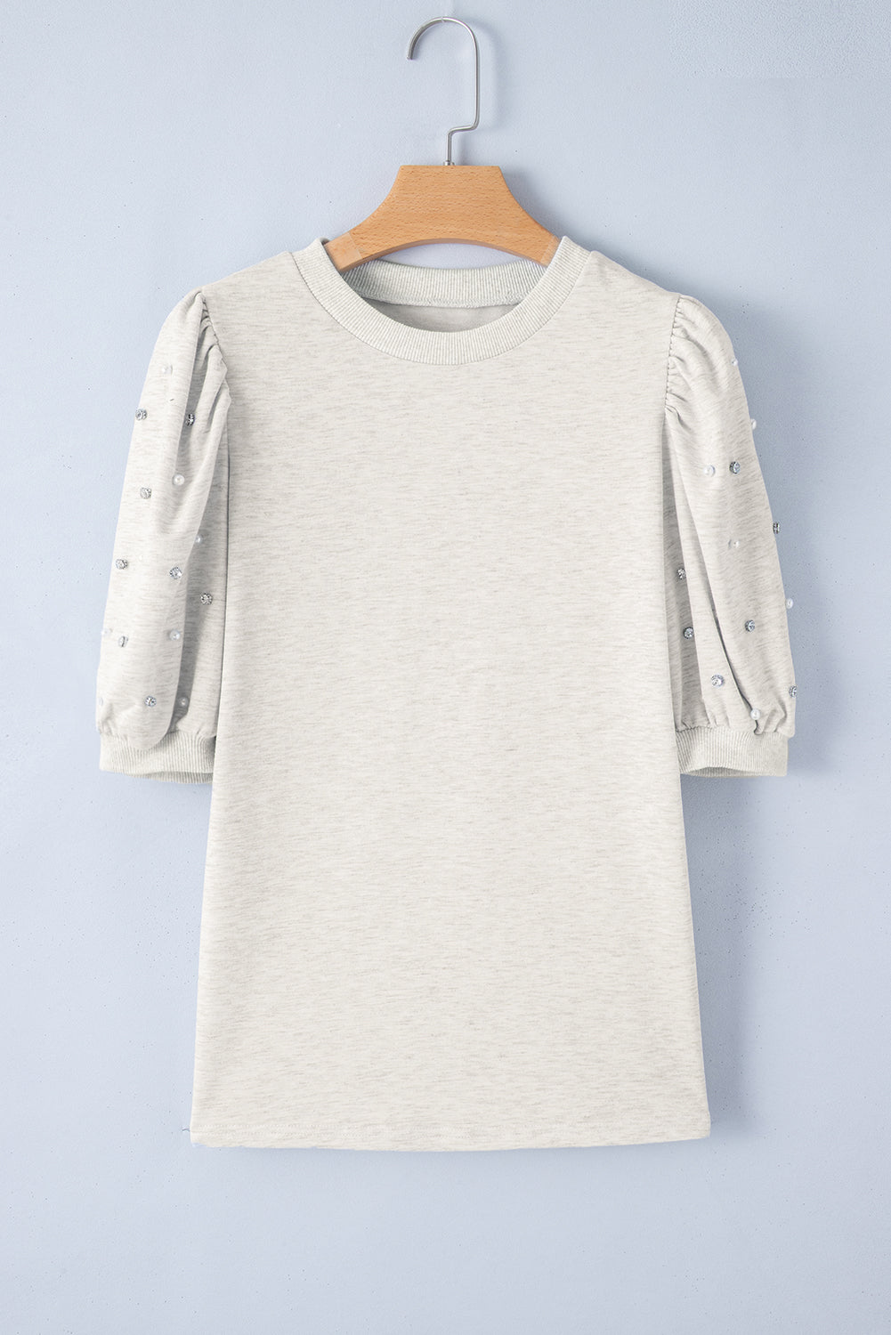 Light gray high with mid-long puffing sleeves with pearls and rhinestones