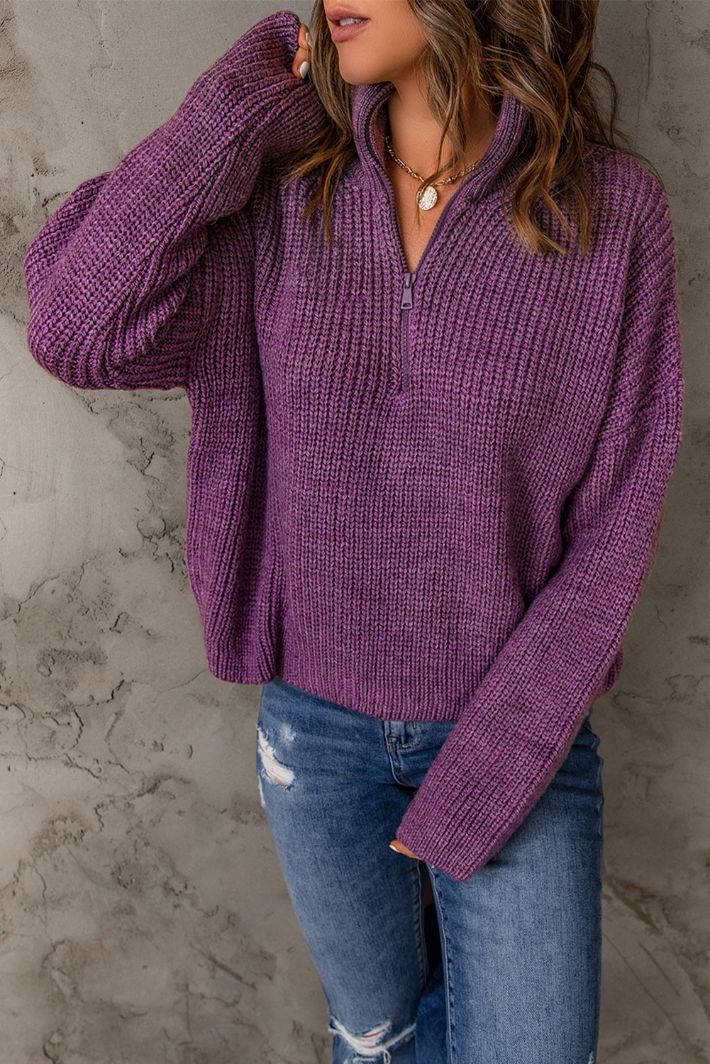 Purple Zipped Turtleneck Drop Shoulder Knit Sweater