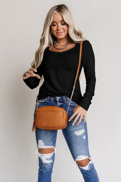 Black long sleeve v-neck crochet lace top