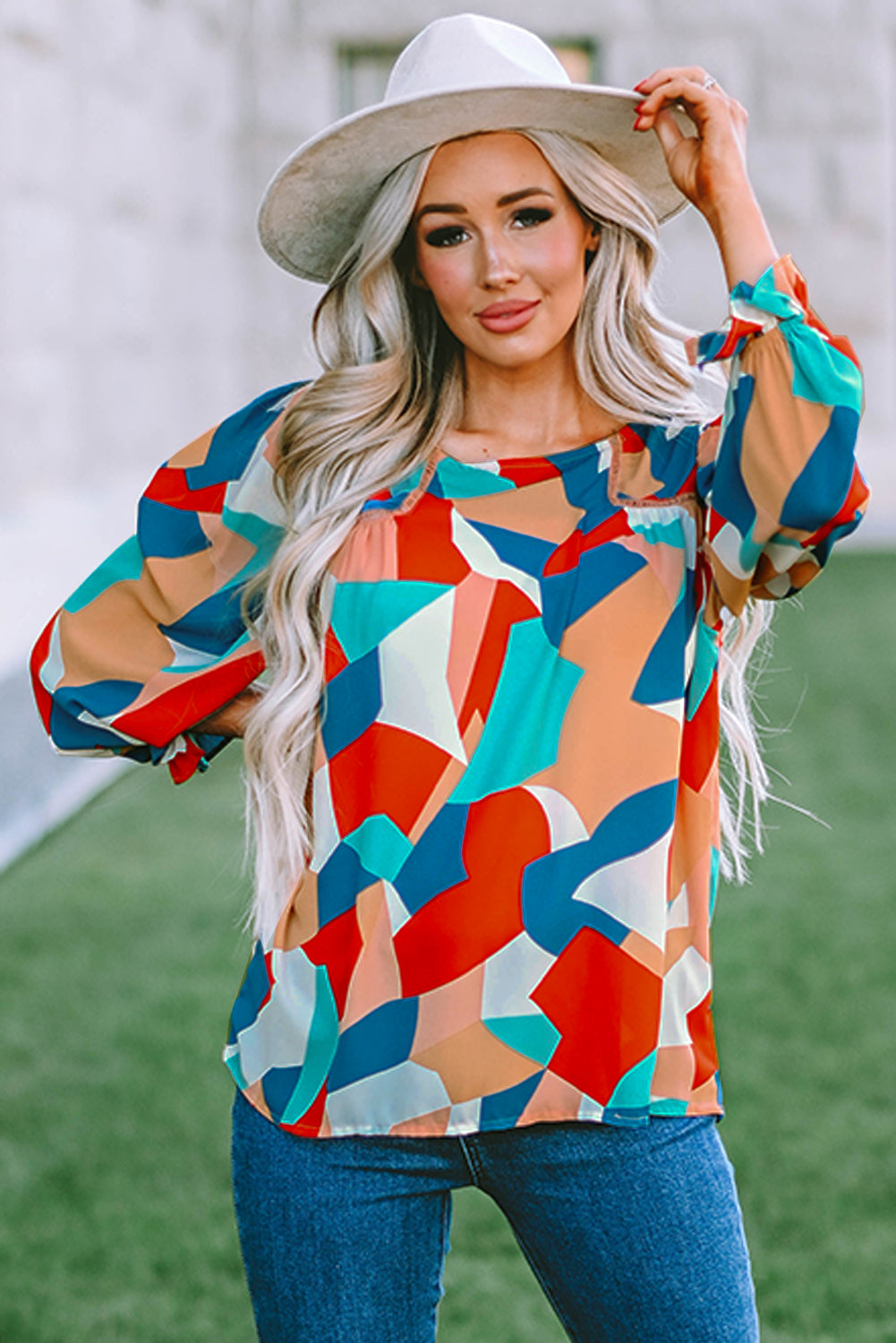 Multicolore Abstract Pattern Crewnack Clewle Sholeve Blouse