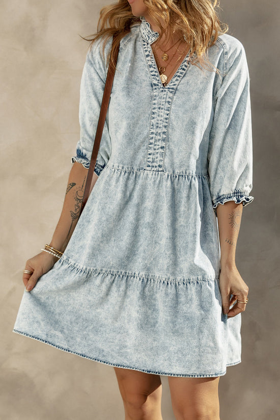 Retro Mid Sleeve Acid Wash Flare Denim Dress in Dusk Blue