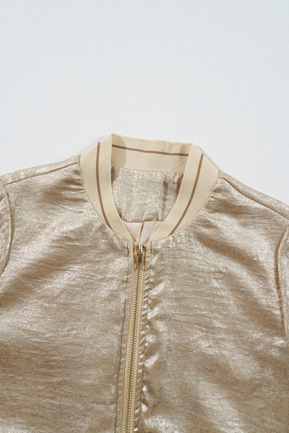 Metallic Pale Khaki Zip-Up Baseball Jacket