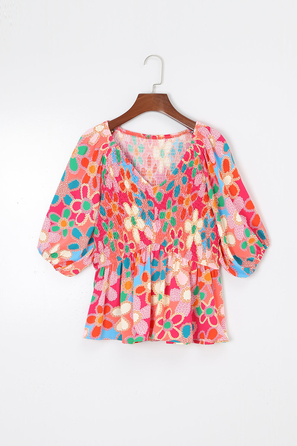 Pink Boho Flower Print Puff Sleve Peplum Top