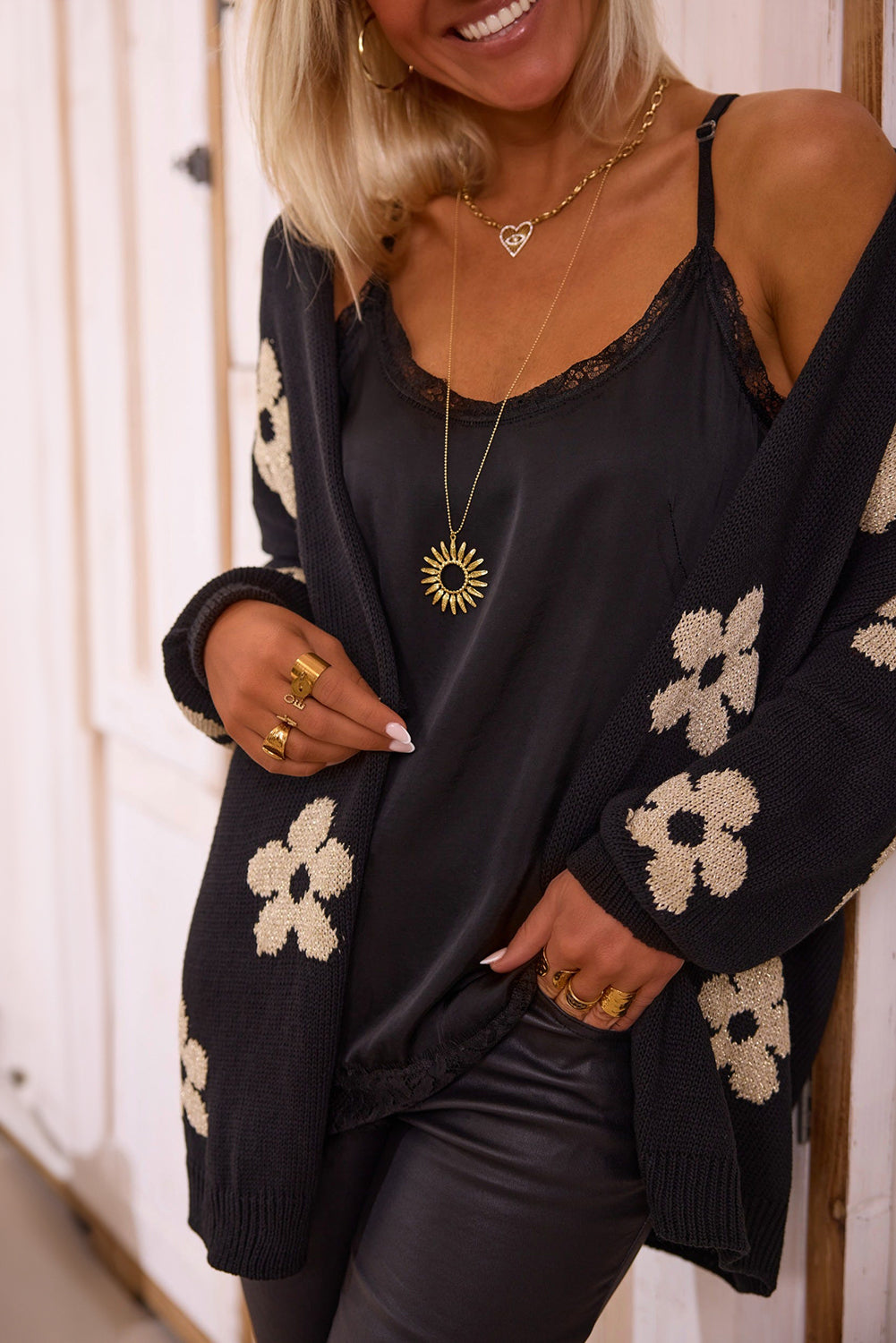 Black floral print open front loose knitted cardigan