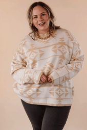 Plus Size Western Aztec Print Loose Sweater Apricot