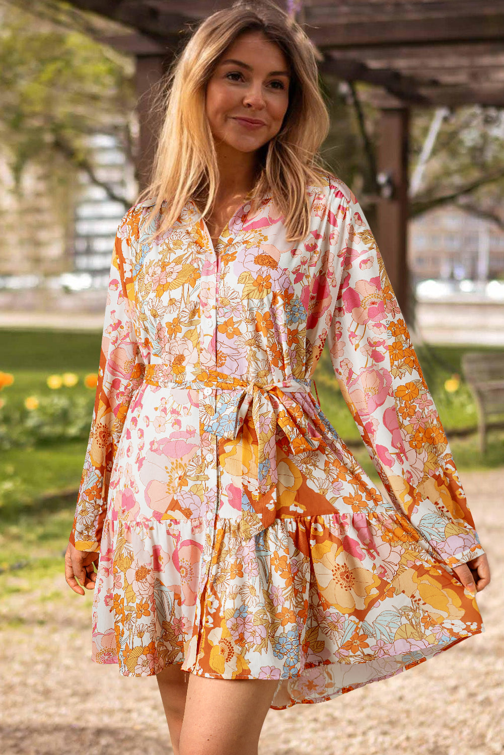 Yellow Floral High Waisted Buttoned Ruffled Mini Dress