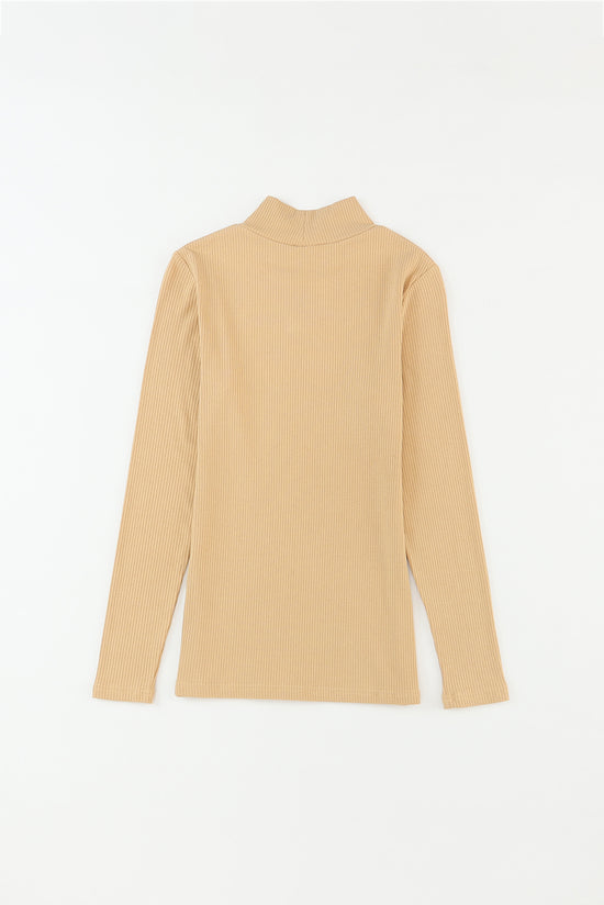 Khaki long sleeve ribbed knit mock neck top