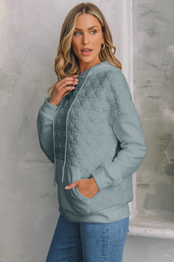 Light Grey Quilted Drop Shoulder Patchwork Kangaroo Pocket Hoodie