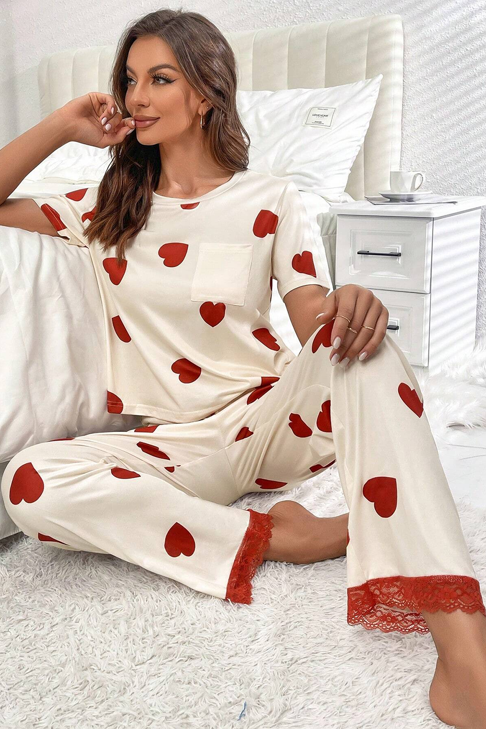 White Valentines Heart Imprimer en dentelle Hem Tee Pant