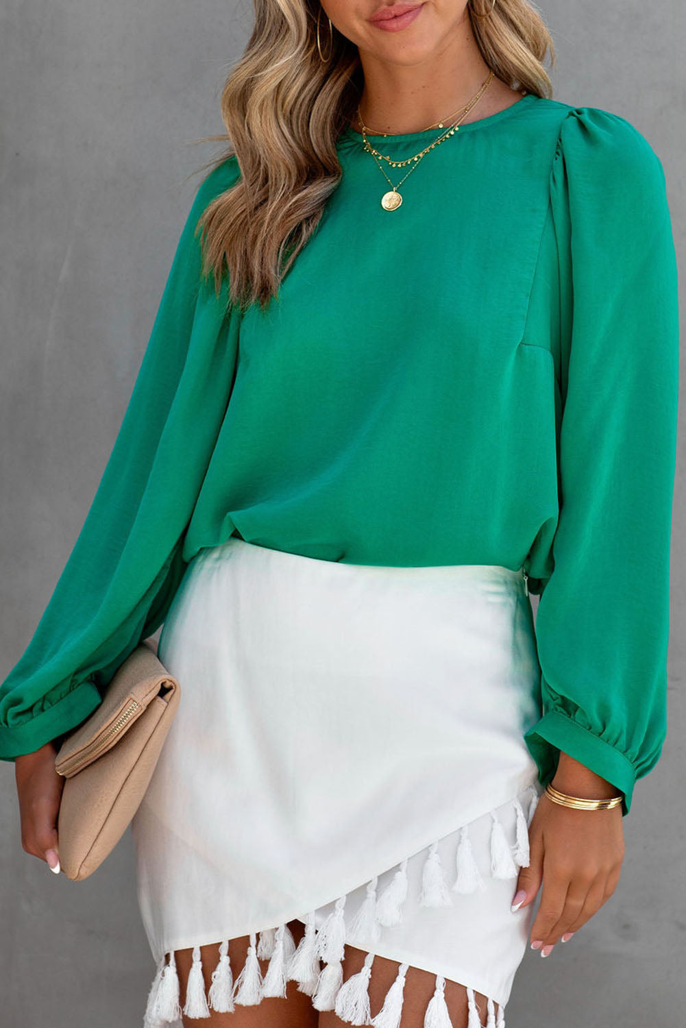 Green Satin Puff Long Sleeve Crewneck Blouse