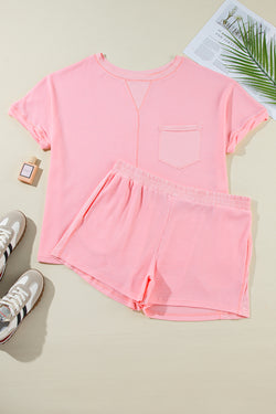 Rose - Plus Size Ribbed Exposed Seam T-Shirt and Shorts Set