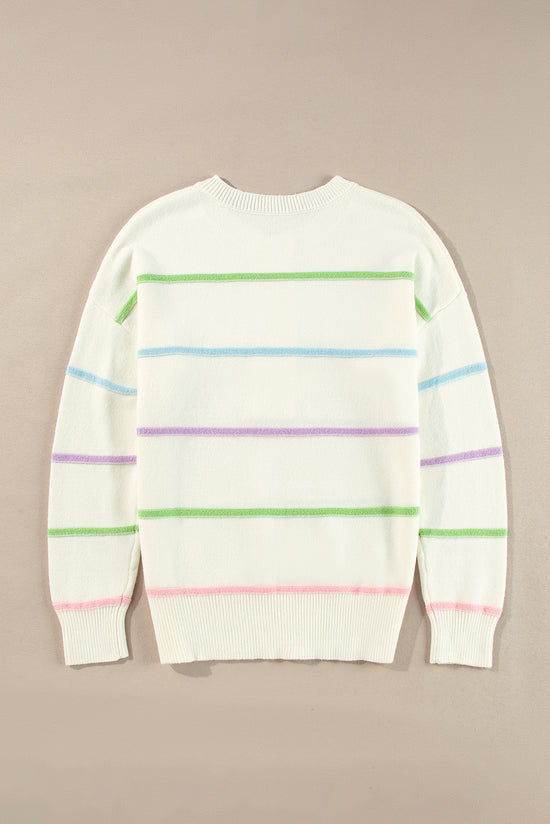 Pull Henley baggy blanc à rayures arc-en-ciel et épaules tombantes