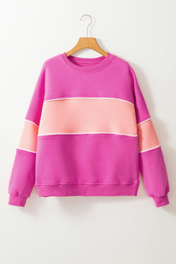 Pink Sachet Color Block Patchwork Sweatshirt with Dropped Shoulders and Ribbed Trim