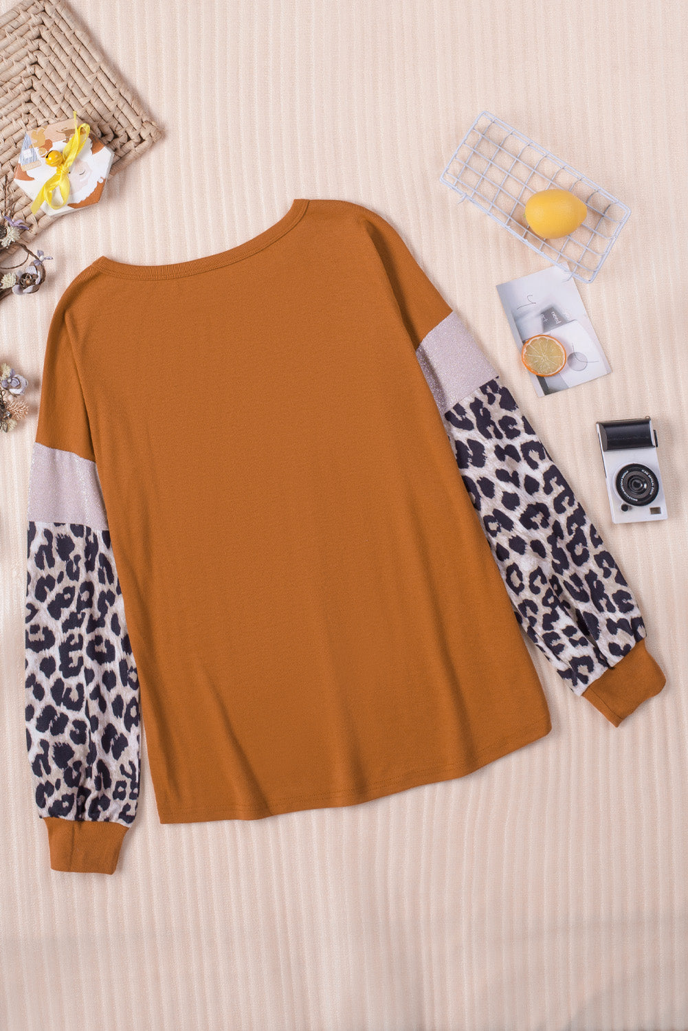 Brown Leopard Sequin Patchwork Long Sleeve Top