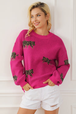 Pull tricoté décontracté à motif animal féroce rose rouge