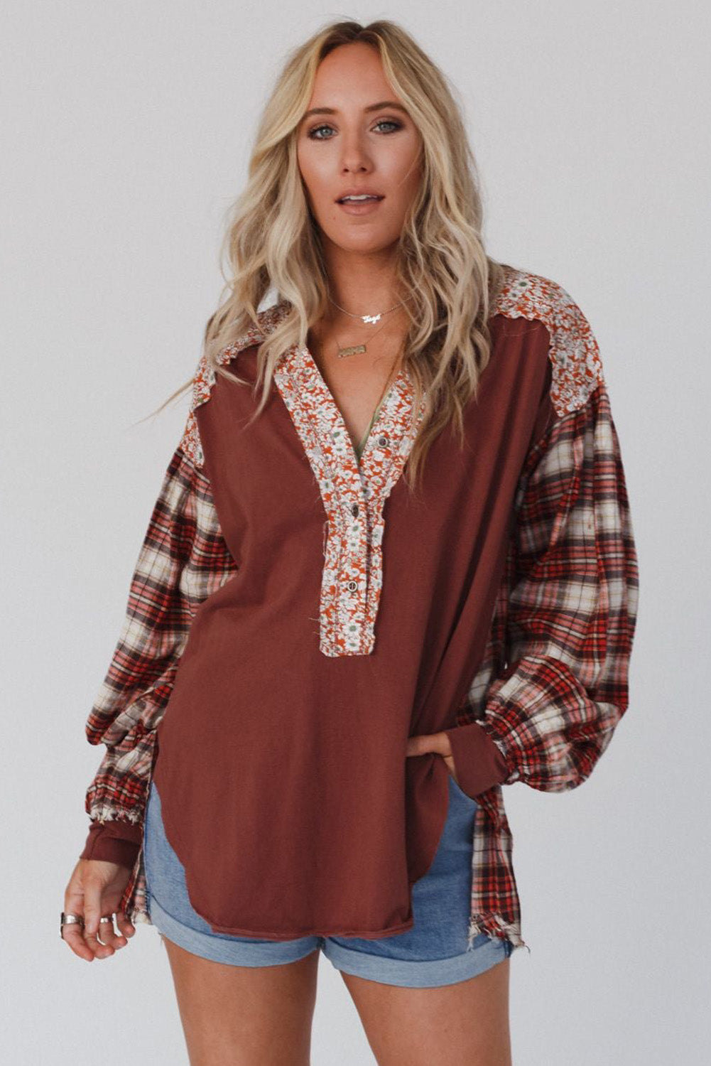 Fiery Red Floral Plaid Mixed Print Bishop Sleeve Patchwork Top