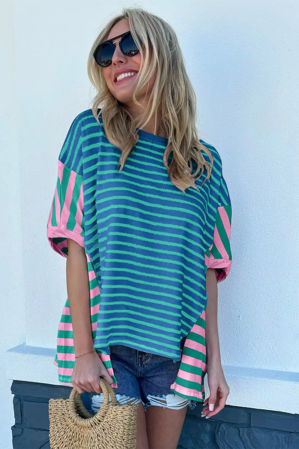 Blue Stripe Colorblock Patchwork Baggy T -Shirt