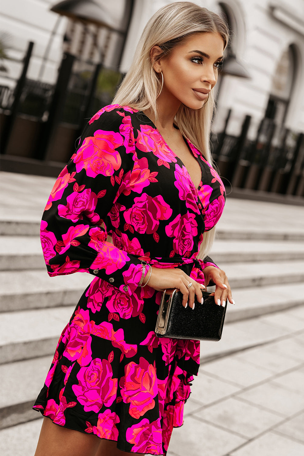 Rose Floral Imprime en V Wrap Bishop Sleeve Ruffle Mini Robe