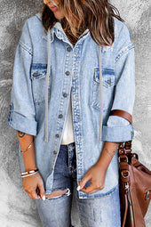 Oversized denim jacket with contrast hood in haze blue