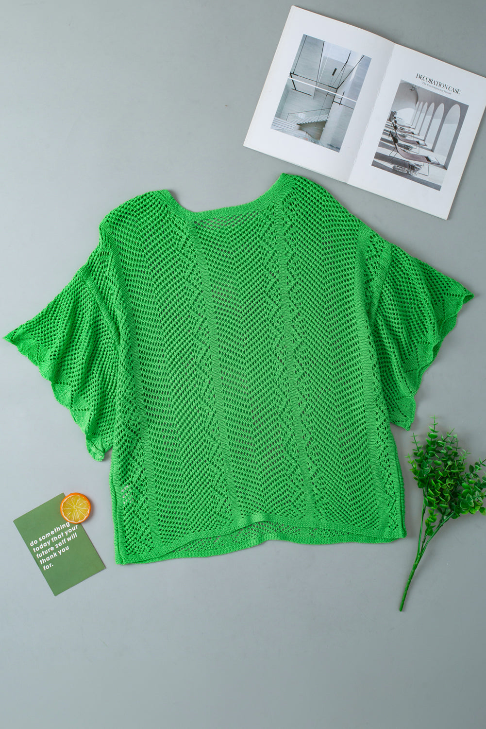 Green Pointelle Knit Scallop Edge de manga corta