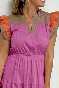 Basy -sleeved candy dress and notched collar on several levels and color blocks