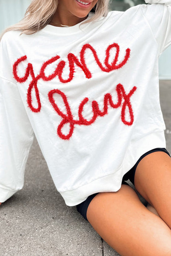 Tinsel Game Day White Drop Shoulder Graphic Sweatshirt