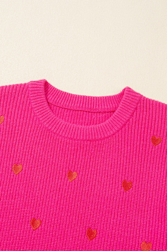 Pink Red Heart Shaped Crew Neck Drop Shoulder Sweater