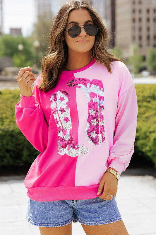 Pinkfarbe Block Pailled Cowgirl Boots Grafik Sweatshirt