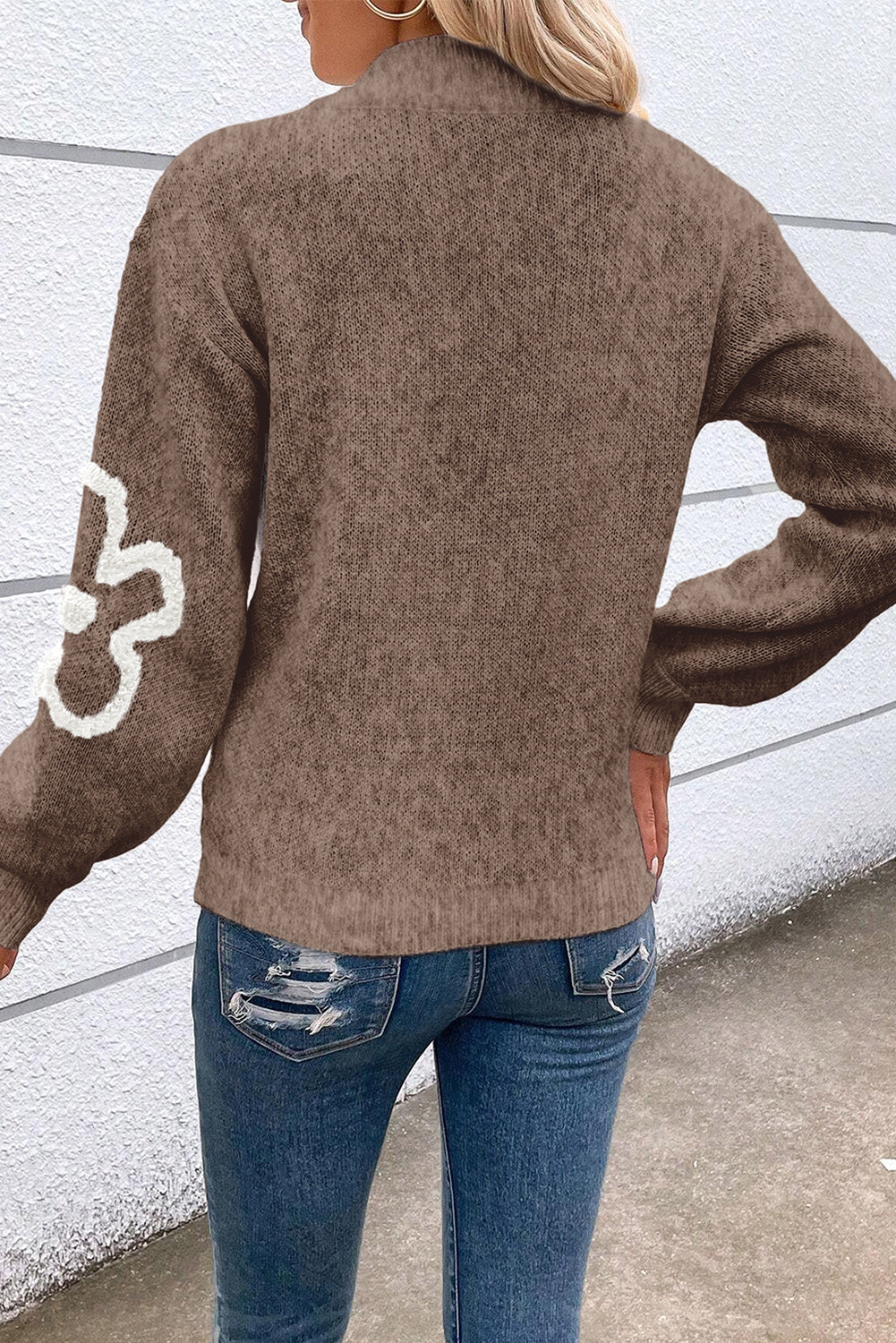 Half-zip mock neck sweater with contrasting parchment flowers