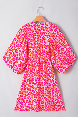 Pink Leopard Print Elasticated V-Neck Dress with 3/4 Puff Sleeves