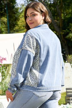 Beau Blue - Plus Size Denim Jacket with Flap Detail and Leopard Patchwork