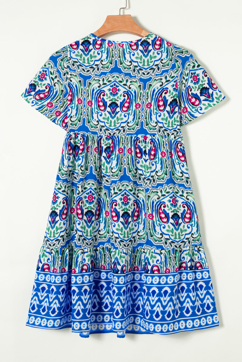 Sky Blue Bohemian estampado Tie Neck Ruffle Dem, Vestido corto