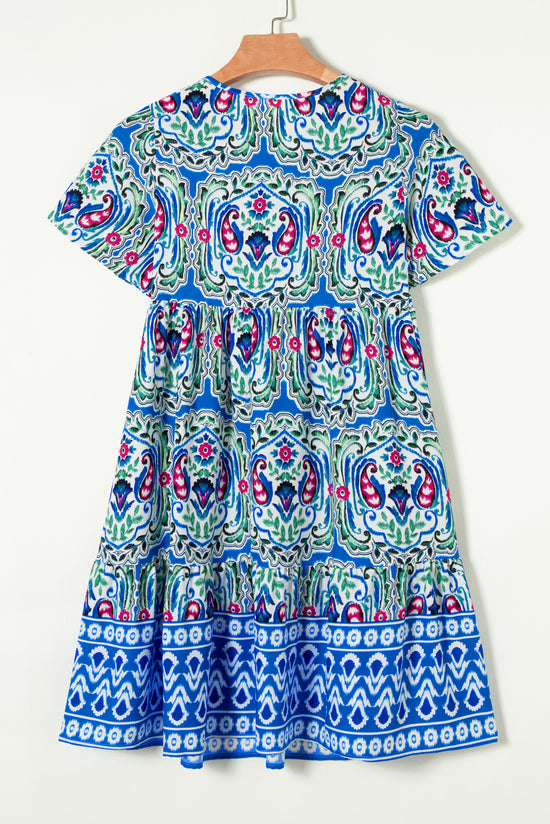 Sky blue bohemian print short dress with knotted neck and ruffled hem