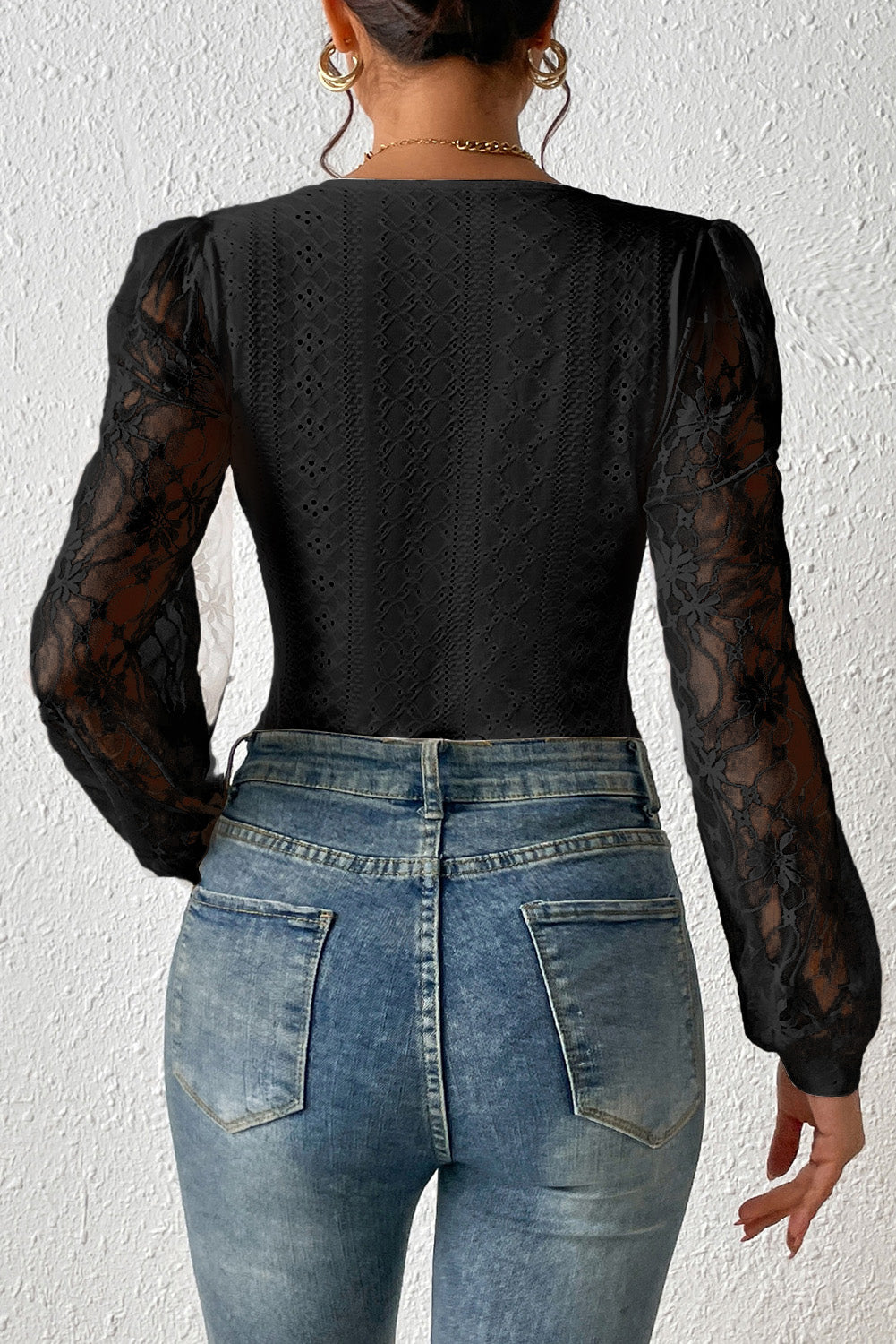 Black Frenchy Contrast Lace Bishop Sleeve Bodysuit