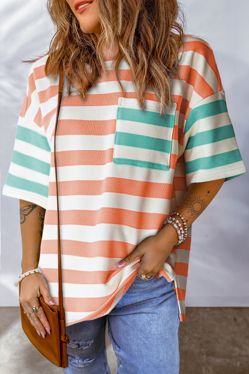 Orange Stripe Contrast Patch Pocket Drop Sleeve T Shirt