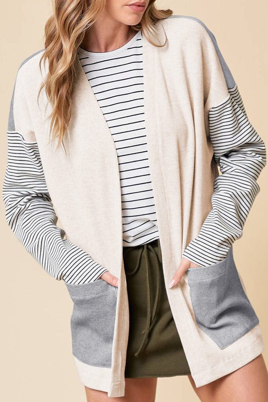 Black striped patchwork open front cardigan with pocket