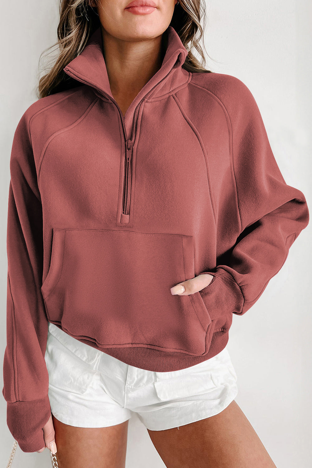 Sweat à manche à pouce à collier marron zip