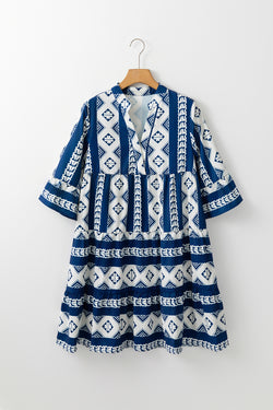 Blue geometric print v-neck ruffle dress