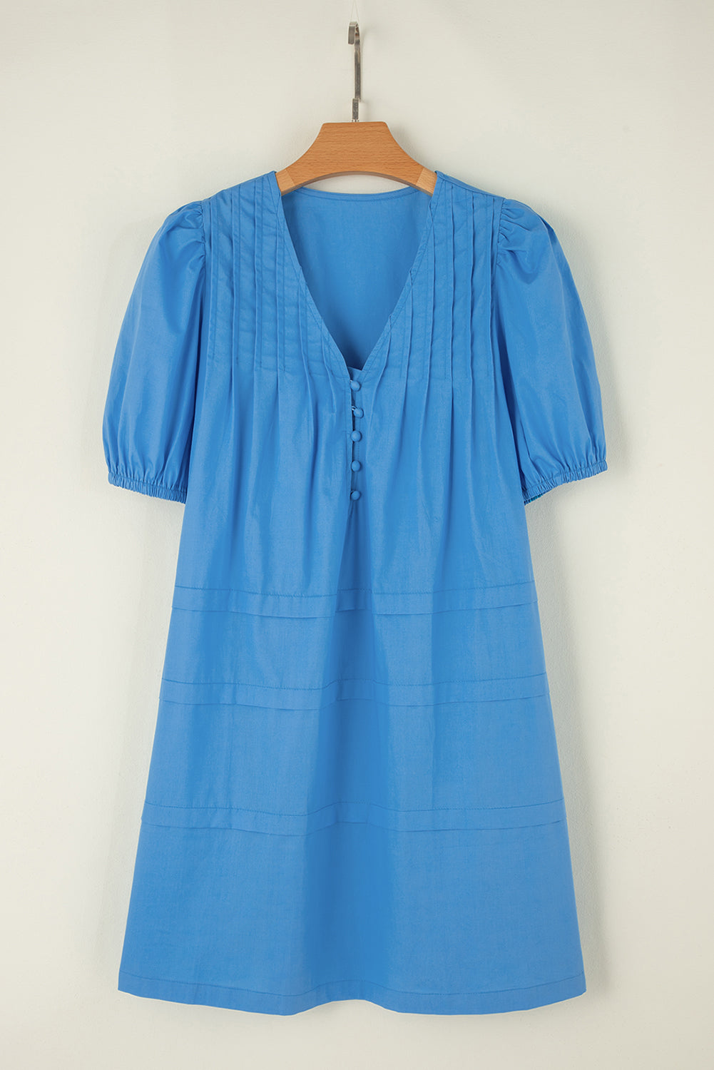 Blue solid color short puff sleeve pleated straight dress