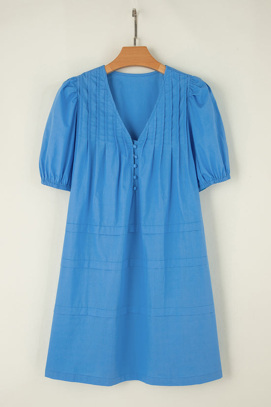 Blue solid color short puff sleeve pleated straight dress