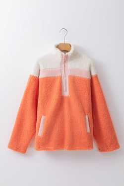 Orange Color Block Sherpa Half Zip Mock Neck Sweatshirt