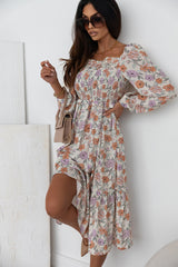 Robe smockée florale multicolore à manches longues et poches
