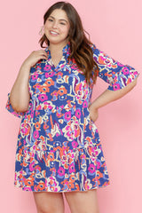 Blue mini-ruffle with ruffle and 3/4 sleeves with large floral print