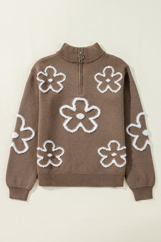 Half-zip mock neck sweater with contrasting parchment flowers