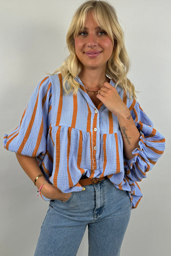 Bully -shaped sluggish sleeve buttoned shirt with sky blue stripes