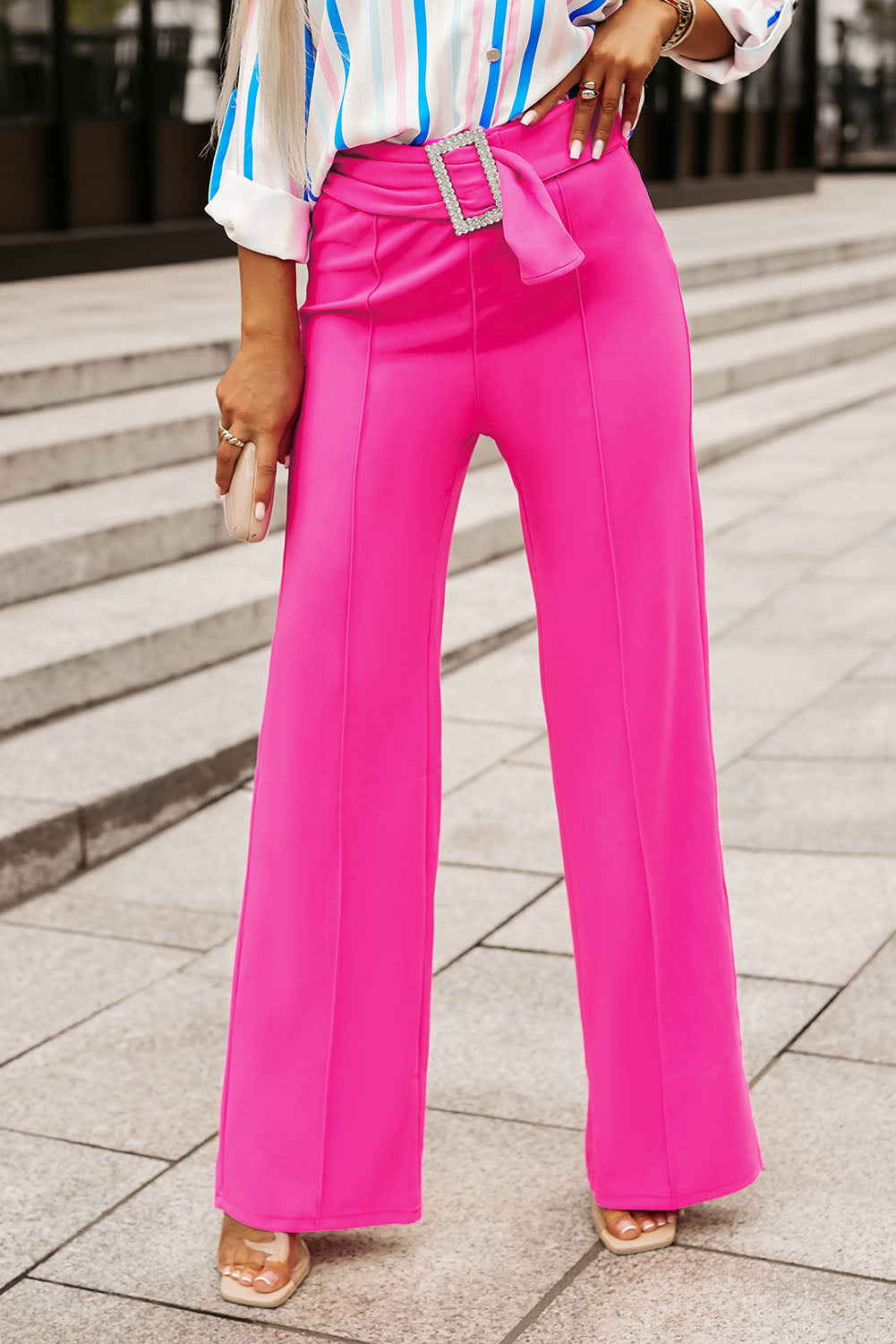 Rose Rhinestone Buckle Sash Wide Leg Pants