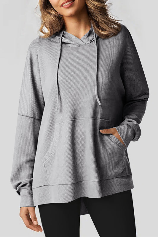 Grey Waffle Knit Fleece Lined Oversized High Low Hoodie