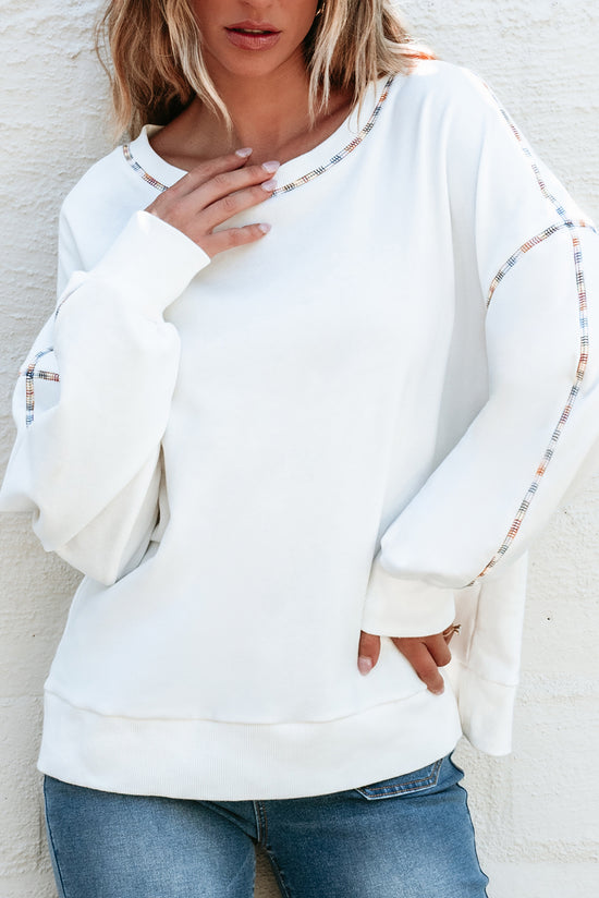 White Drop Shoulder Sweatshirt with Contrast Rainbow Trim